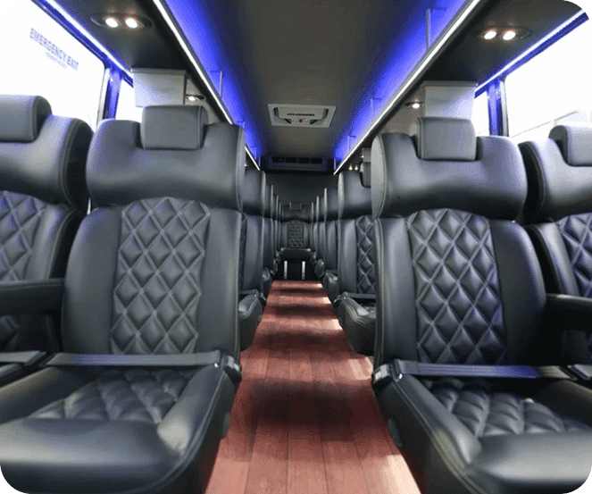 A bus with black seats and blue lights